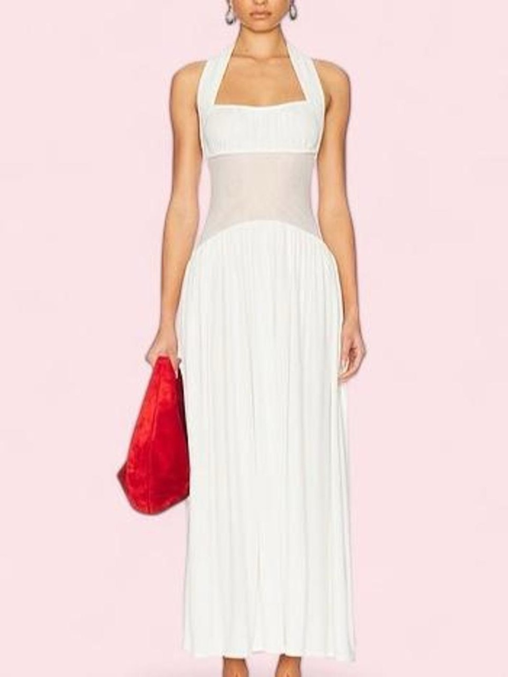 White Halter Maxi Dress with Sheer Waist Panel